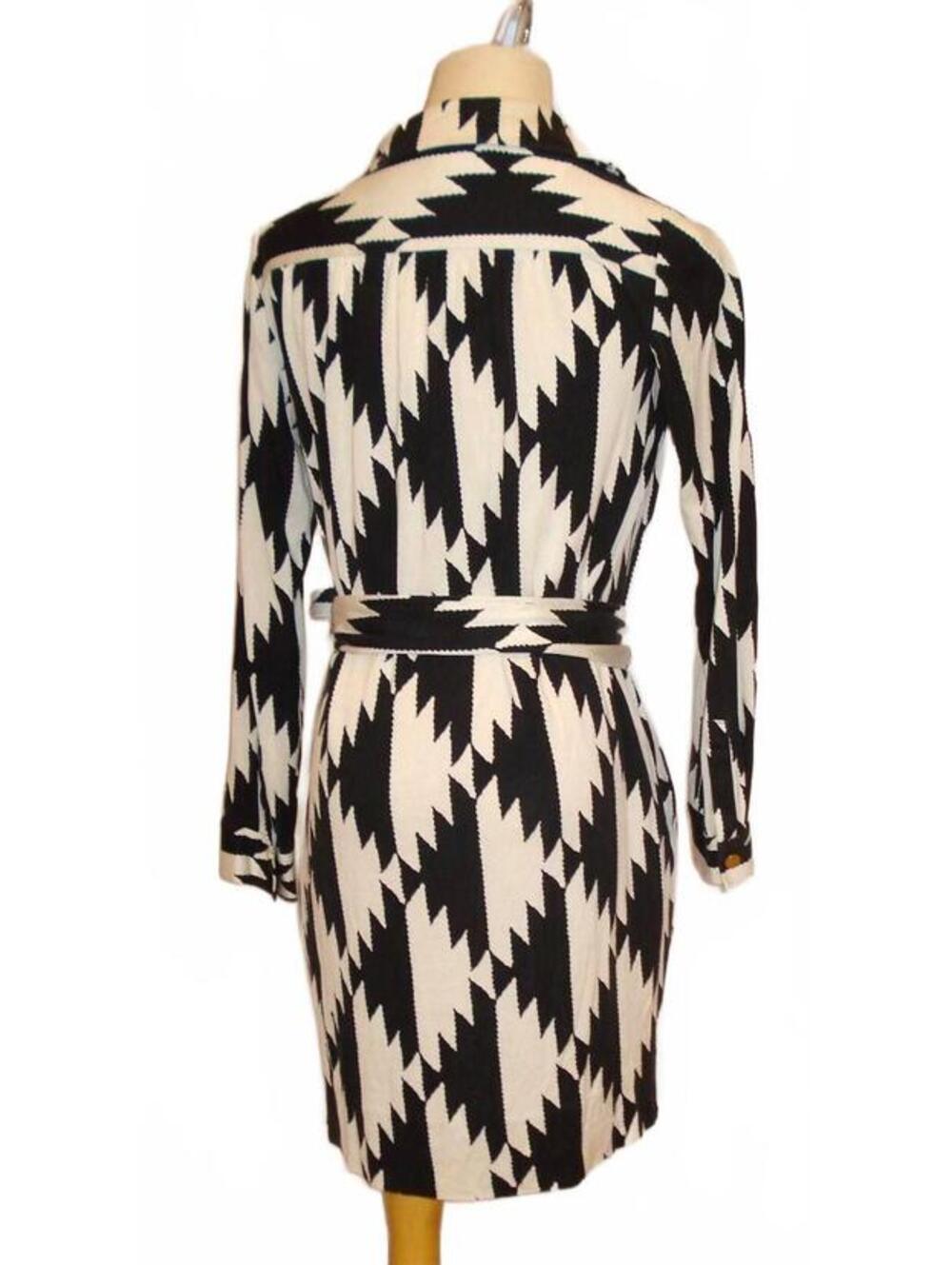 Diane Von Furstenberg / DVF Golda Silk Shirt Dress Geometric Black White Print - Picture 3 of 10